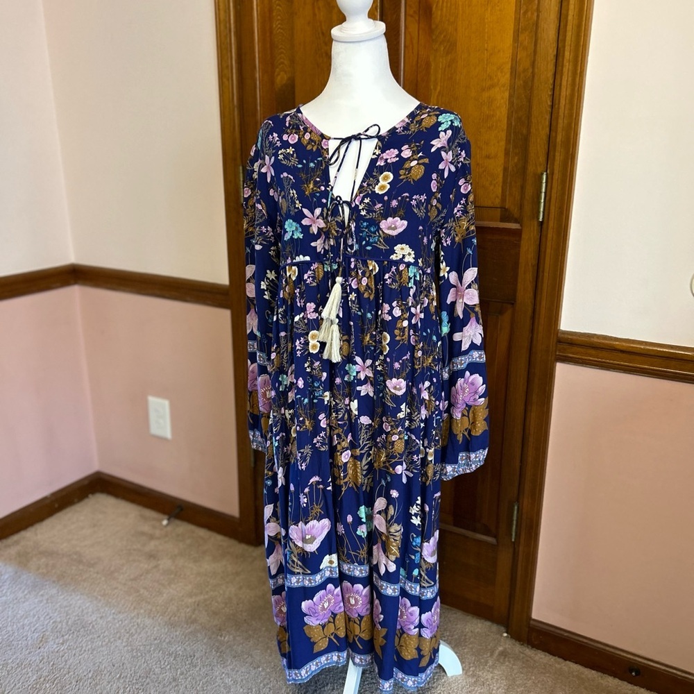 Blue Pink Long Sleeve Sundress with Bishop Sleeves - Picture 4 of 10